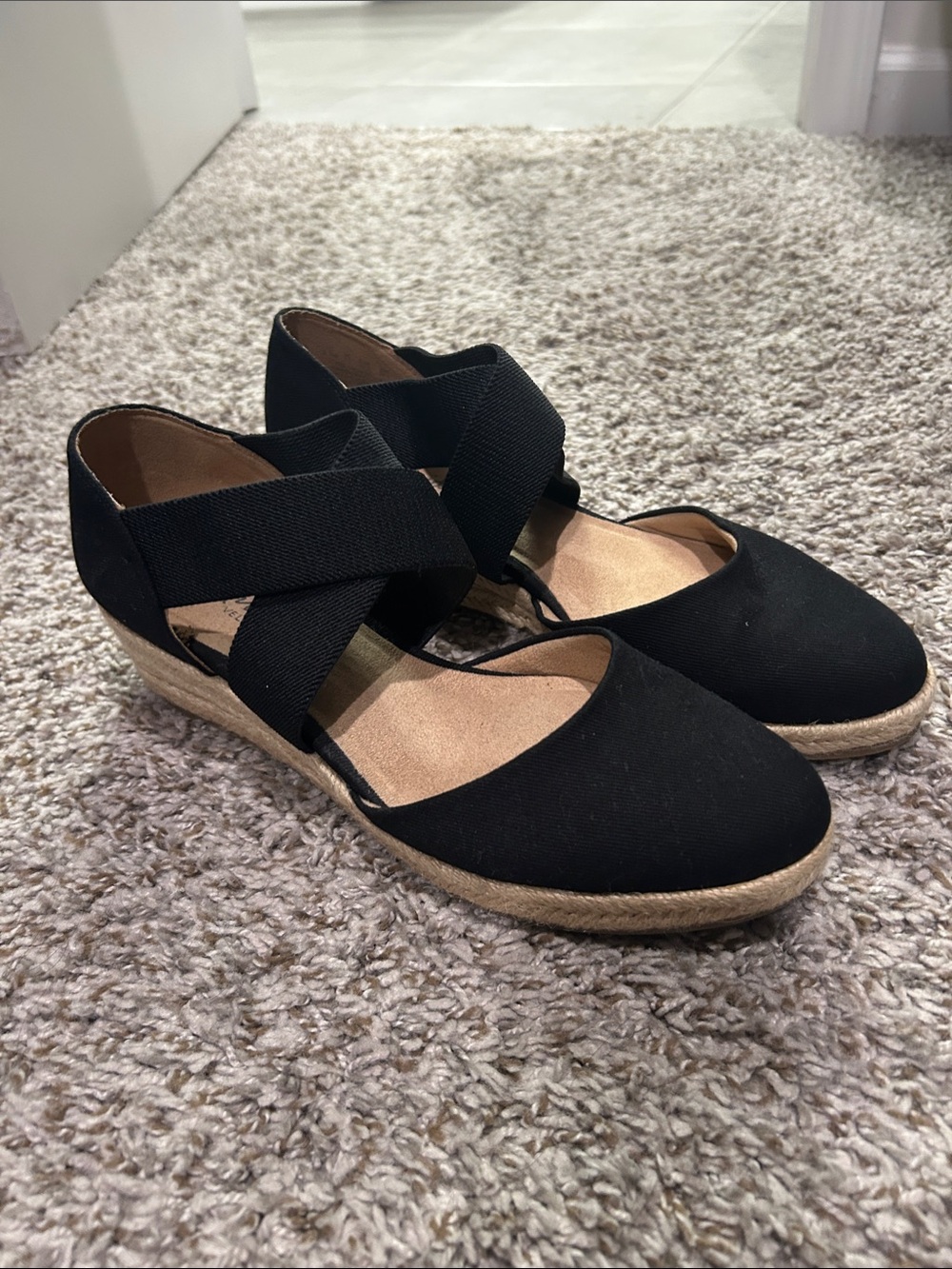 Life Stride Black Espadrille Wedge Sandals with Crisscross Elastic Straps